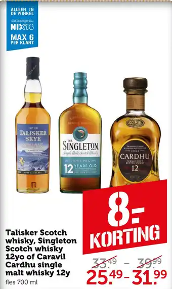 Coop Talisker Scotch whisky, Singleton Scotch whisky 12yo of Caravil Cardhu single malt whisky 12y aanbieding