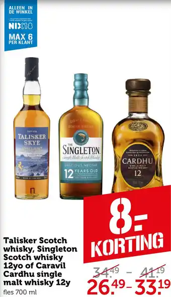 Coop Talisker Scotch whisky, Singleton Scotch whisky 12yo of Caravil Cardhu single malt whisky 12y aanbieding