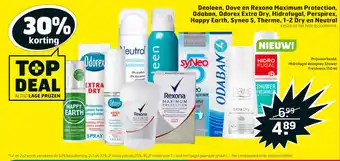 Trekpleister Deoleen, Dove en Rexona Maximum Protection, Odaban, Odorex Extra Dry, Hidrofugal, Perspirex, Happy Earth, Syneo 5, Therme, 1- aanbieding