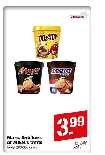 Coop Mars, snickers of m&m's pints 280-335 gram aanbieding