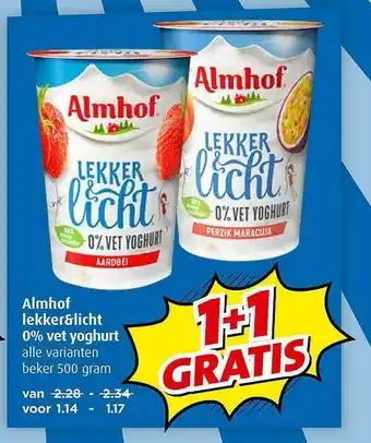 Boni Almhof Lekker&Licht 0% Vet Yoghurt 1+1 Gratis aanbieding