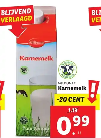 Lidl MILBONAⓇ Karnemelk 1L aanbieding
