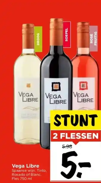 Vomar Voordeelmarkt Vega Libre Spaanse wijn. Tinto, Rosado of Blanc. Fles 750 ml aanbieding