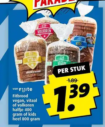 Boni Fitbrood Vegan, Vitaal Of Volkoren Halfje 400 Gram Of Kids Heel 800 Gram aanbieding