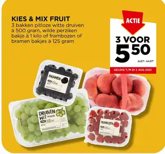 Jumbo KIES & MIX FRUIT 3 bakken pitloze witte druiven à 500 gram, wilde perziken bakje à 1 kilo of frambozen of bramen bakjes aanbieding