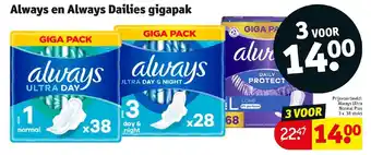 Kruidvat Always en Always Dailies gigapak, 3 x 38 stuks aanbieding