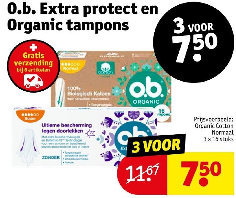 0.b. Extra protect en Organic tampons. 3 x 16 stuks aanbieding bij Kruidvat