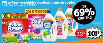 Kruidvat Witte Reus wasmiddel vloeibaar, caps en poeder 3.465 liter, 52 stuks en 2.25 kilo aanbieding