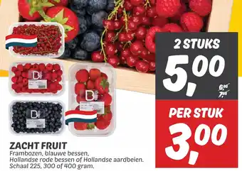 Dekamarkt ZACHT FRUIT Frambozen, blauwe bessen, Hollandse rode bessen of Hollandse aardbeien. Schaal 225, 300 of 400 gram. aanbieding