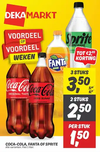 Dekamarkt COCA-COLA, FANTA OF SPRITE Alle varianten. Fles 1 liter. PER STUK aanbieding