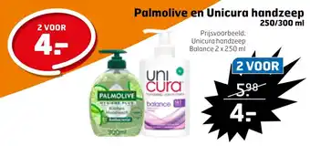 Trekpleister Palmolive en Unicura handzeep 250/300 ml aanbieding