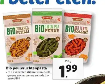 Lidl Combino Bio Peulvruchtenpasta Kikkererwten-Fusilli, Groene Erwten-Penne En Rode Linzen-Rollini aanbieding