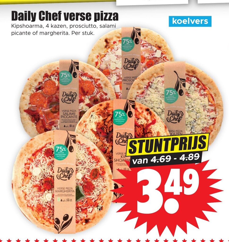 Daily Chef verse pizza Kipshoarma, 4 kazen, prosciutto, salami picante