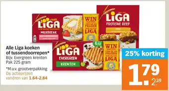 Albert Heijn Alle Liga koeken of tussendoorrepen* Bijv. Evergreen krenten Pak 225 gram aanbieding