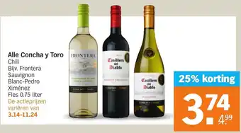 Albert Heijn Alle Concha y Toro Chili Bijv. Frontera Sauvignon Blanc-Pedro Ximénez Fles 0.75 liter aanbieding