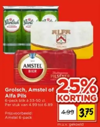 Vomar Voordeelmarkt Grolsch, Amstel of Alfa Pils 6-pack blik à 33-50 cl. aanbieding