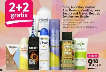 Etos Dove, Andrélon, Zwitsal, Axe, Rexona, Vaseline, Love Beauty and Planet, Neutral, Zendium en Simple, 4 stuks aanbieding