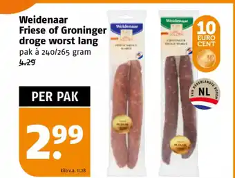 Poiesz Weidenaar Friese of Groninger droge worst lang pak à 240/265 gram aanbieding