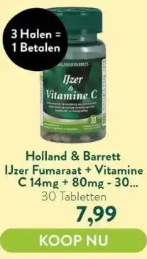 Holland & Barrett Ijzer fumaraat + vitamine c 14mg + 80mg - 30 tabletten aanbieding