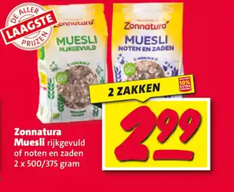 Nettorama Zonnatura Muesli rijkgevuld of noten en zaden 2 x 500/375 gram aanbieding