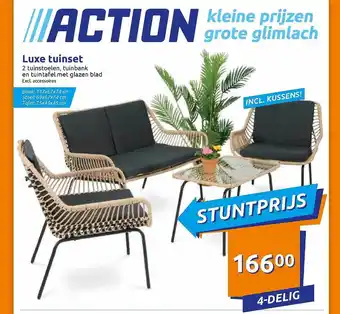 Action Luxe Tuinset : 2 Tuinstoelen, Tuinbank En Tuintafel Met Glazen Blad aanbieding