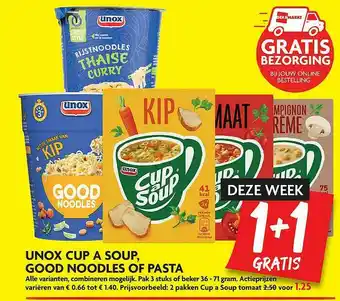 Dekamarkt Unox Cup A Soup, Good Noodles Of Pasta 1+1 Gratis aanbieding