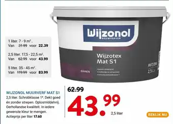 Kluswijs WIJZONOL MUURVERF MAT S1 2,5 liter aanbieding