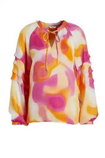 Wehkamp B.young blousetop met all over print en ruches fuchsia/wit/geel aanbieding