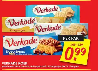 Dekamarkt Verkade Koek Maria Biscuit, Nizza, Frou Frou, Nobo Sprits Melk Of Knappertjes aanbieding