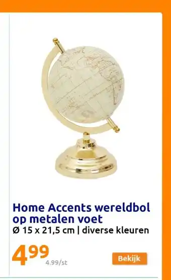 Action Home Accents wereldbol op metalen voet Ø 15 x 21,5 cm diverse kleuren aanbieding