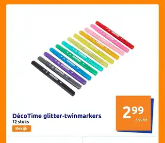 Action DécoTime glitter-twinmarkers 12 stuks aanbieding