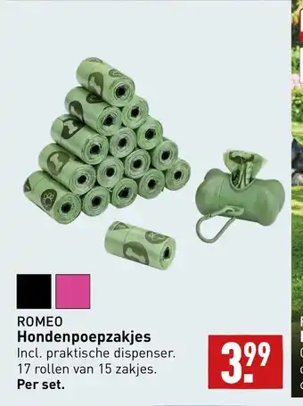 ALDI ROMEO Hondenpoepzakjes Incl. praktische dispenser. 17 rollen van 15 zakjes. Per set. aanbieding