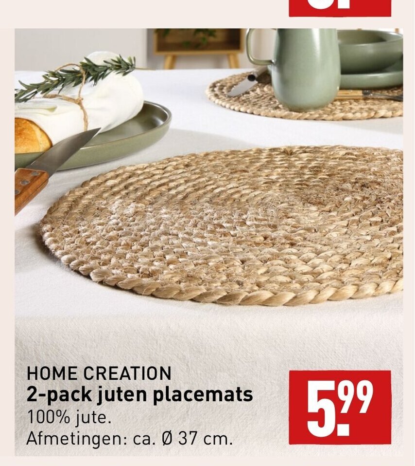 HOME CREATION 2pack juten placemats 100 jute. Afmetingen ca. Ø 37 cm
