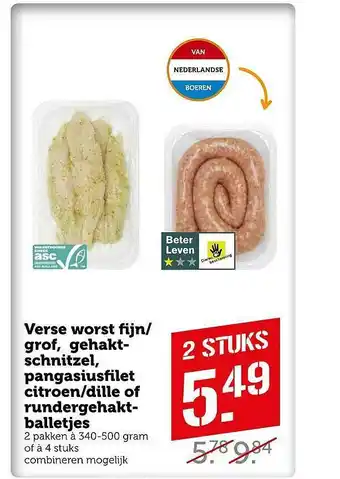 Coop Verse worst fijn-grof, gehaktschnitzel, pangasiusfilet citroen-dille of rundergehaktballetjes aanbieding