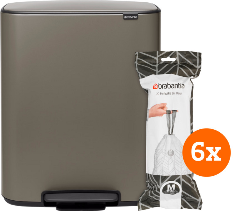 Brabantia bo pedal bin 60 liter platinum + vuilniszakken (120 stuks