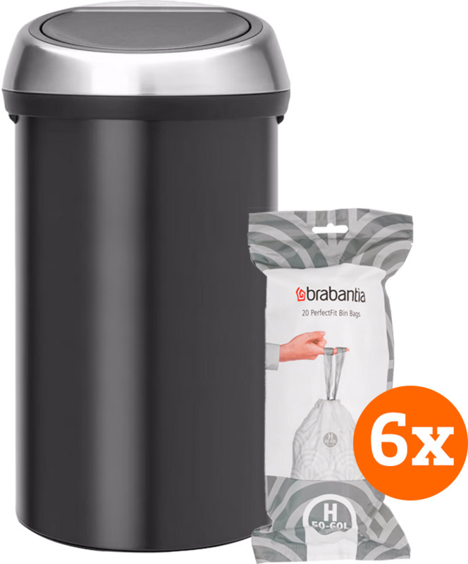 Brabantia touch bin 60 liter matt black fingerprint proof + vuilniszakken (120 stuks) aanbieding