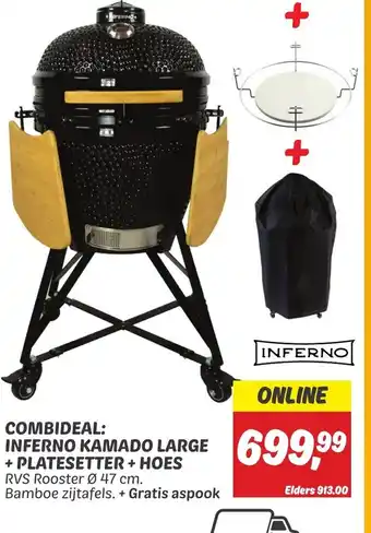 Dekamarkt COMBIDEAL: INFERNO KAMADO LARGE +PLATESETTER + HOES RVS Rooster Ø 47 cm. Bamboe zijtafels. + Gratis aspook aanbieding