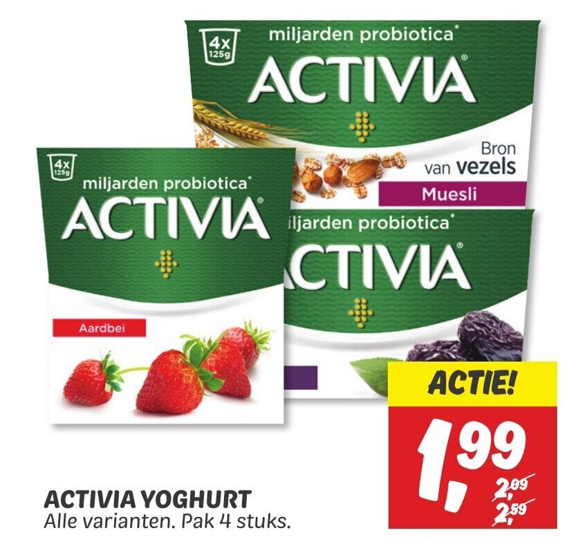 ACTIVIA YOGHURT Alle varianten. Pak 4 stuks. aanbieding bij Dekamarkt