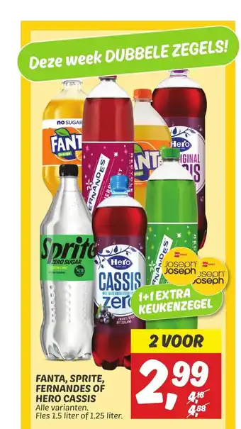 Dekamarkt FANTA, SPRITE, FERNANDES OF HERO CASSIS Alle varianten. Fles 1.5 liter of 1.25 liter. aanbieding