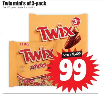 Dirk Twix mini's of 3-pack Zak 170 gram of pak 3 x 2 stuks. aanbieding