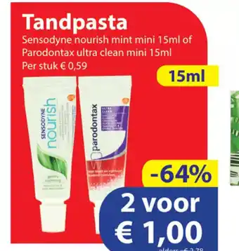 Die Grenze Tandpasta Sensodyne nourish mint mini 15ml of Parodontax ultra clean mini 15ml aanbieding