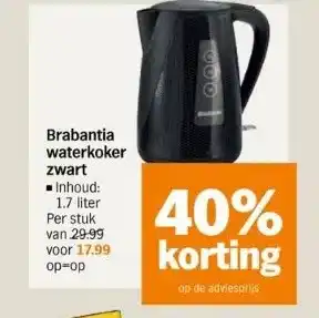 Albert Heijn Brabantia waterkoker zwart inhoud: 1.7 liter per stuk van 29.99 voor 17.99 op=op aanbieding