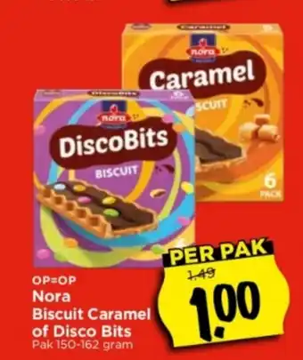 Vomar Voordeelmarkt Nora Biscuit Caramel of Disco Bits 150-162 gram aanbieding