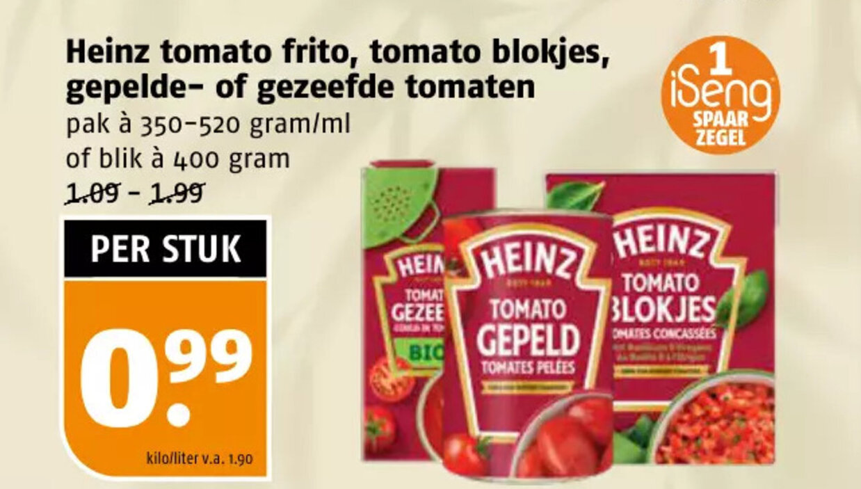 Heinz tomato frito, tomato blokjes, gepelde of gezeefde tomaten pak à