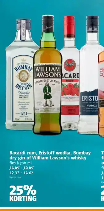 Poiesz Bacardi rum, Eristoff wodka, Bombay dry gin of William Lawson's whisky fles à 700 ml aanbieding