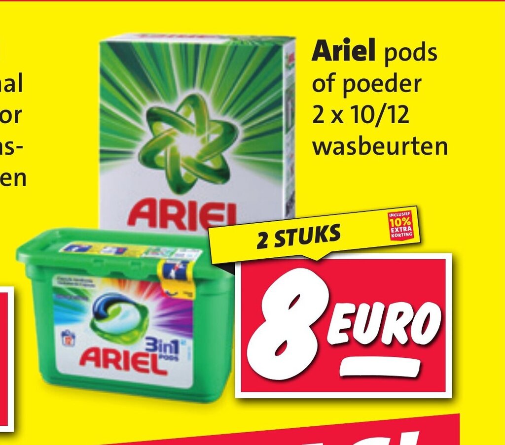 Ariel pods of poeder 2 x 10/12 wasbeurten aanbieding bij Nettorama