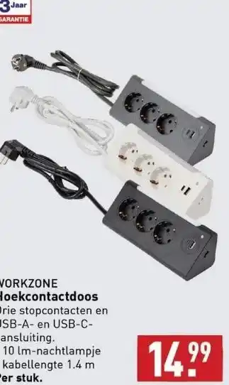 ALDI Workzone hoekcontactdoos drie stopcontacten en usb-a-en usb-caansluiting. aanbieding