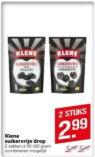 Coop Klene suikervrije drop 2 zakken à 90-110 gram combineren mogelijk aanbieding