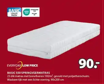 Jysk BASIC S50 SPRINGVEERMATRAS 90x200 cm aanbieding