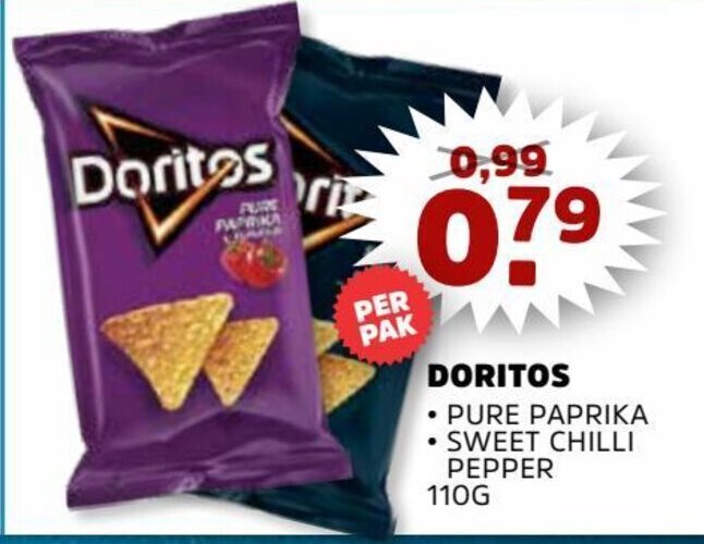 DORITOS • PURE PAPRIKA • SWEET CHILLI PEPPER 110G aanbieding bij Sahan